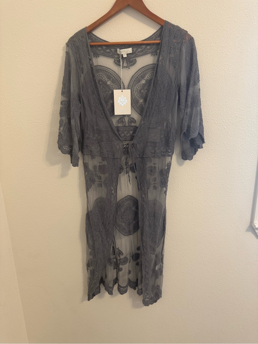 Rebellion Again Gray Embroidered Lace Duster Kimono NWT Size S